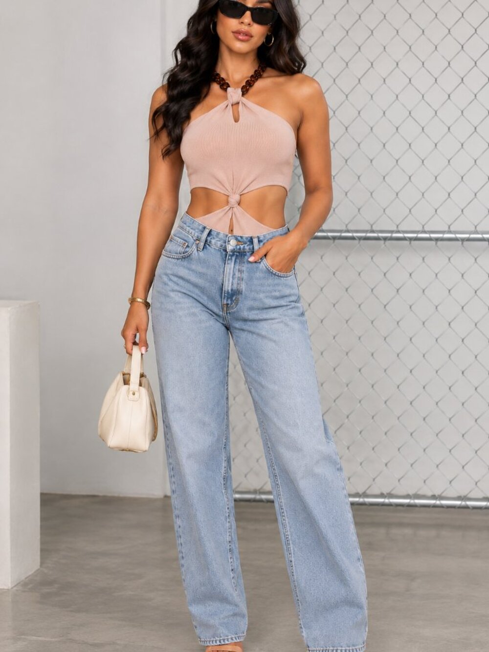 NWT Rehab Tortoiseshell Chain Cutout Halter Bodysuit Nude